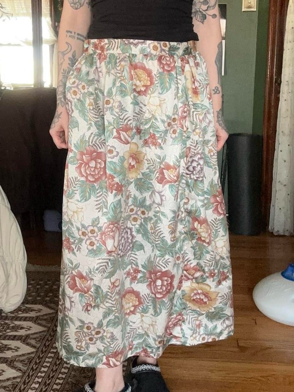 Diane Von Furstenberg Cream Maxi Skirt with Green & Rust Floral Print